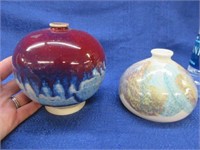 2 handmade signed pottery round vases