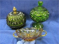 2 green glass candy holders & amber dish