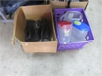 PURPLE TOTE AND PITCHERS BOX OF SHOES