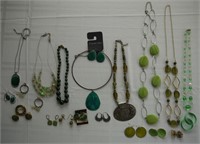 Assorted green sets - choker, pin, necklaces,