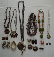 Assorted earth tone necklaces and earrings
