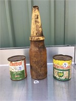 Treloar plastic oil bottle & 2 tins