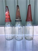 3 X genuine oil bottles & tin tops