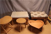 2 Padded Footstools & 3 Small Wooden Stools
