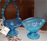 Blue Fenton basket and vase with opalescence
