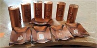 Gregorian copper salt shakers and salt trays,
