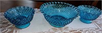 Fenton blue hobnail bowl and candle holders