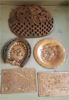 Copper hot plates, trays and postcards