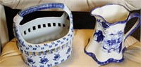 Blue and white pitcher and basket