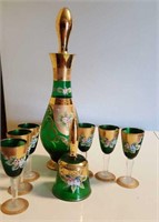 Hand-painted decanter, sherry glasses & bell