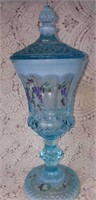 Fenton hand-painted blue opalescent covered candy