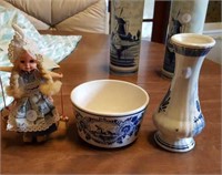 Delft Holland vase and Bowl & vinegar crocks