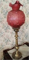 Fenton Pillar Lamp, brass base, cranberry glass
