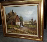 Colescott painting of The Old Mill in wood frame