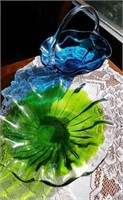 Art glass basket and Bowl,  bowl is 10" diameter