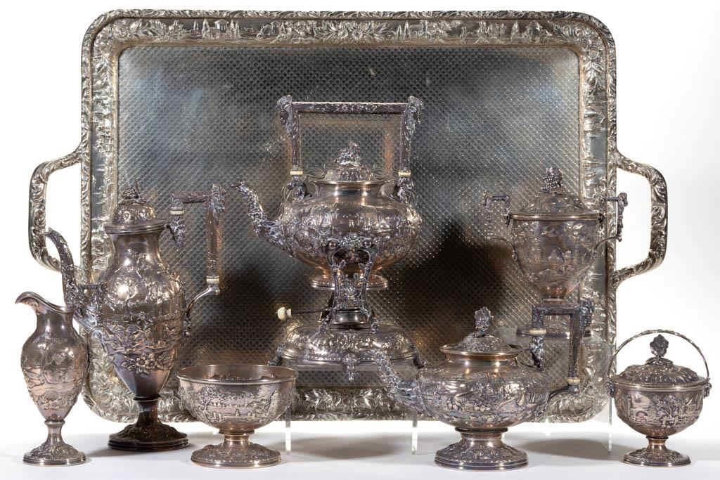 Impressive Kirk seven-piece sterling tea and coffee service with original matching sterling tray