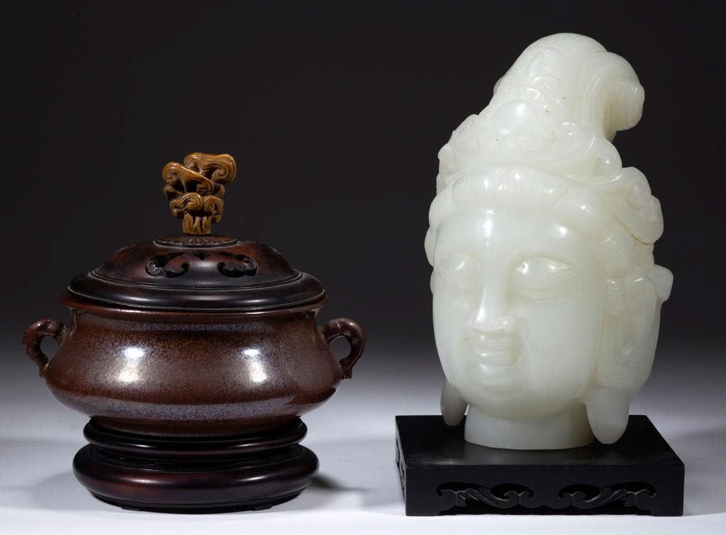 Chinese bronze censer and jade bust