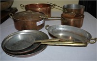 8 pc brass and copper pots and pans, brass