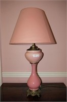 Depression era pink glass oil lamp with brass