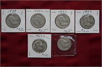 6 Franklin Half Dollars - 1963 / 1953 / 1963D /