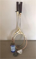 Badminton racquets and can of Shuttlecocks