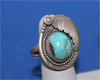STERLING AND TURQUOISE FEATHER RING