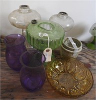 (3) Lamp bases, pair of purple vases, amber