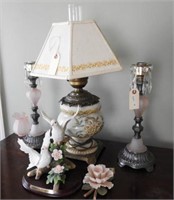 Floral font table lamp with shade, two pink
