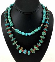(2) Turquoise, Coral, Heishi, Sterling Necklaces