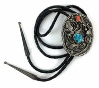 Vintage Navajo Sterling, Turquoise, Coral Bolo Tie
