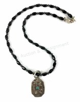 Navajo Old Pawn Sterling Pendant W/ Bead Necklace