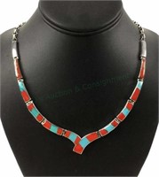 Sterling Silver, Turquoise, Coral Inlaid Necklace