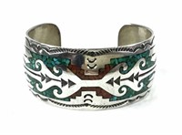 Sterling, Turquoise, Coral Inlaid Cuff Bracelet