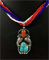 Navajo Sterling, Turquoise, Coral Pendant