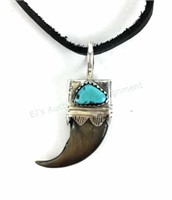 Navajo Sterling, Turquoise, Bear Claw Pendant