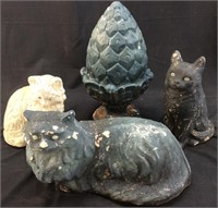 3 Concrete Cats And 1 Pineapple Yard Art
