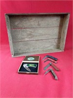 Vintage Crate & Five Miscellaneous Pocket Knives