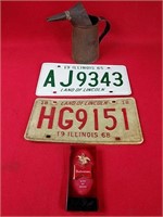 Vintage Oil Can, License Plates & Tap Pull
