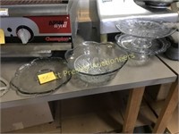 TWO GLASS CAKE PLATES, TWO BOWLS AND