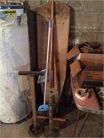 Misc Lot - Brooms, Board Stand, Ironing Board, Etc