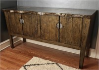 A HANDSOME DISTRESSED WOOD PLANK TOP SIDE CABINET