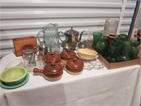 Green Glass, Bake Ware, & Silver Tea set