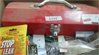 RED METAL TOOL BOX WITH MISC ITEMS