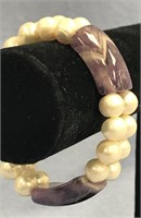 Pearl and Purple Agate stretch bracelet    (i15)