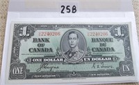 1937 Bank Of Canada $1.00 One Dollar Paper Money