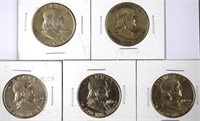 Five Silver Franklin Half Dollars