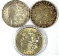 1882p, 1921d, 1921p Morgan Silver Dollars