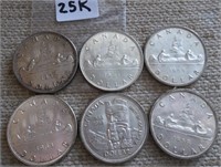 6 Canadian Silver Dollar Coins...