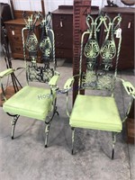 Green iron-backed chairs, pair