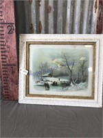 Framed picture--ice skating on a pond